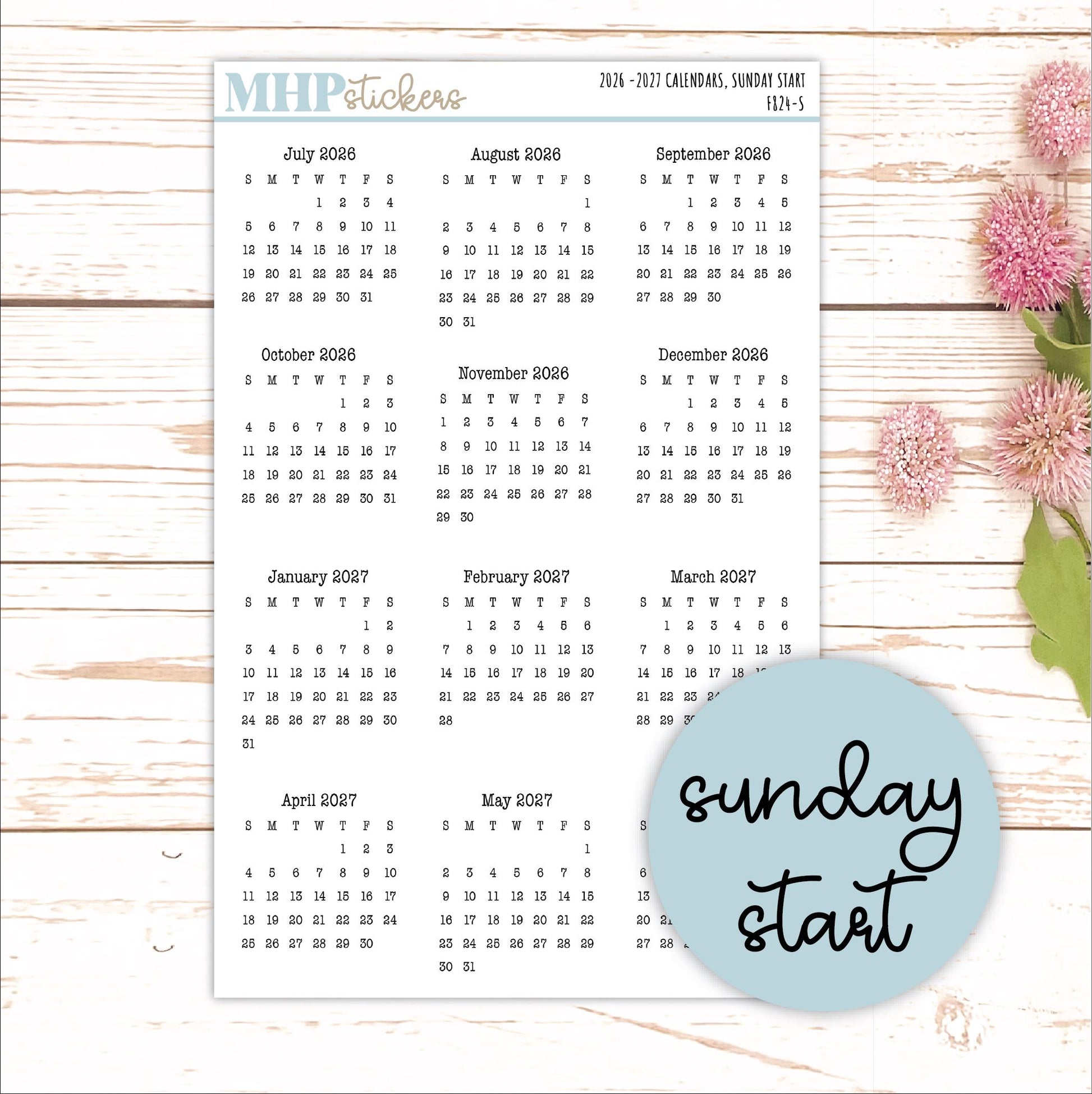 Small 2026-2027 Calendar Stickers for Planners and Bullet Journals || F824