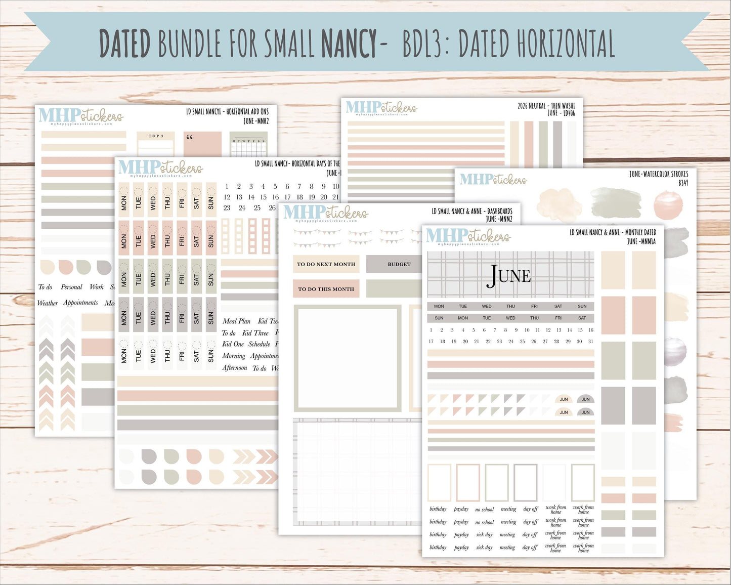 JUNE 2026 Neutral Collection Stickers for Small Nancy & Anne. Laurel Denise Planners || MN