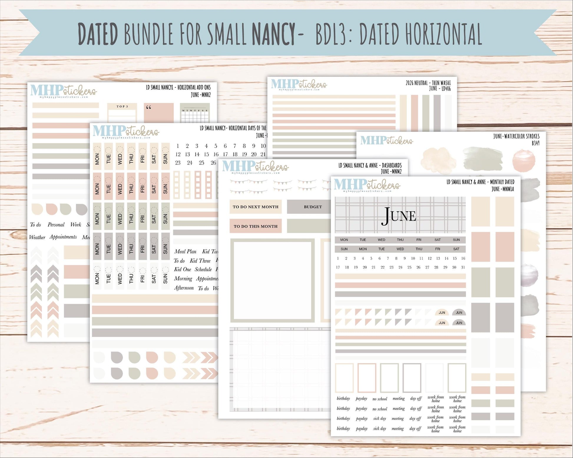 JUNE 2026 Neutral Collection Stickers for Small Nancy & Anne. Laurel Denise Planners || MN