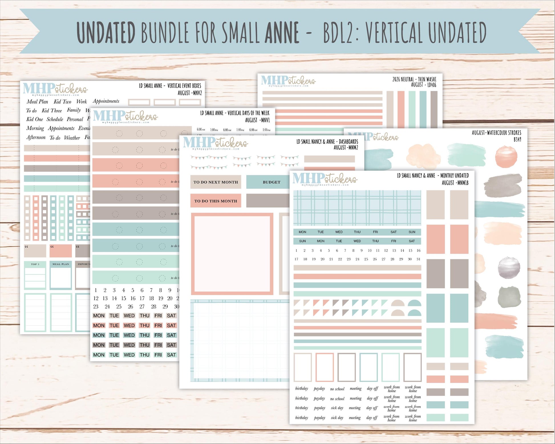 AUGUST 2026 Neutral Collection Stickers for Small Nancy & Anne. Laurel Denise Planners || MN