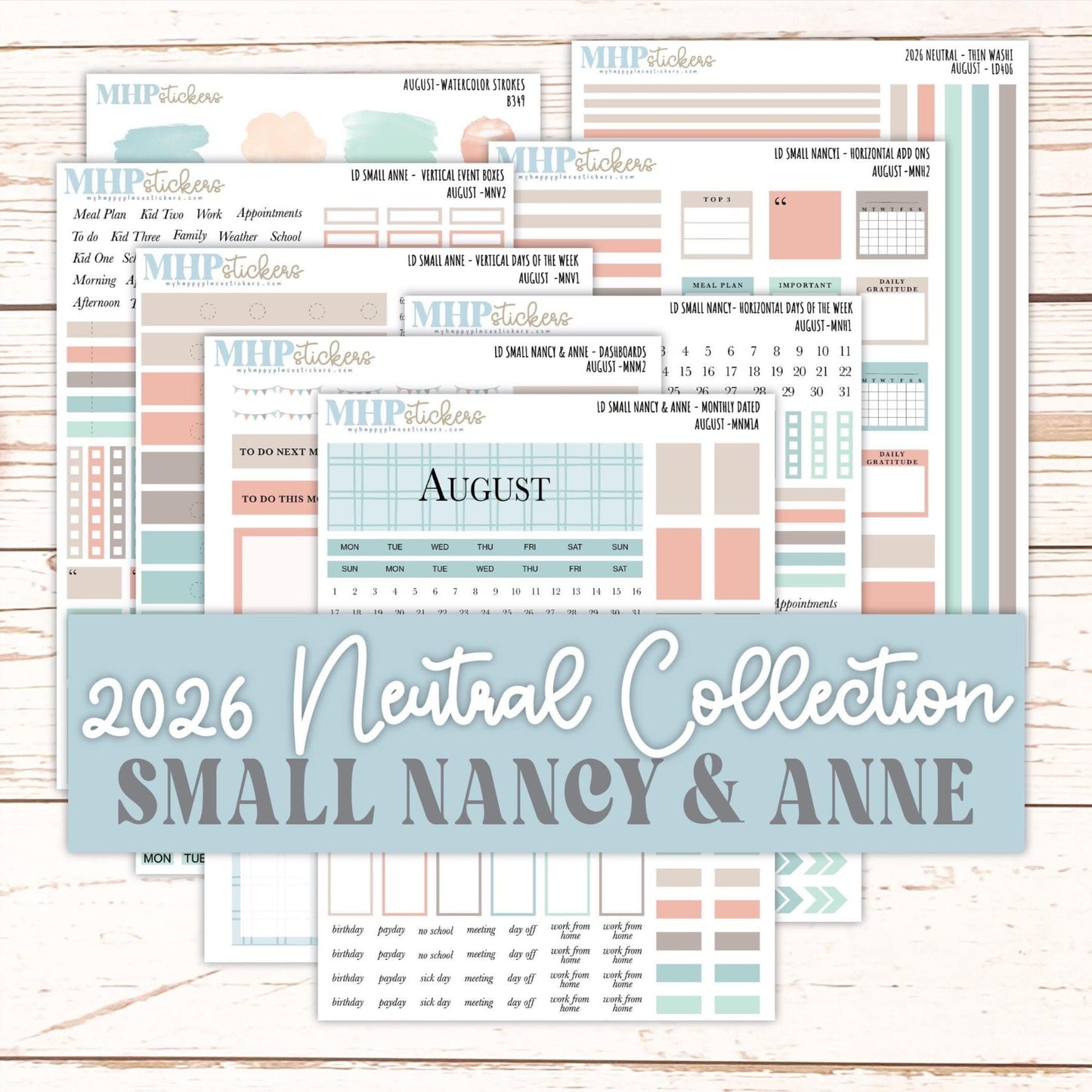 AUGUST 2026 Neutral Collection Stickers for Small Nancy & Anne. Laurel Denise Planners || MN