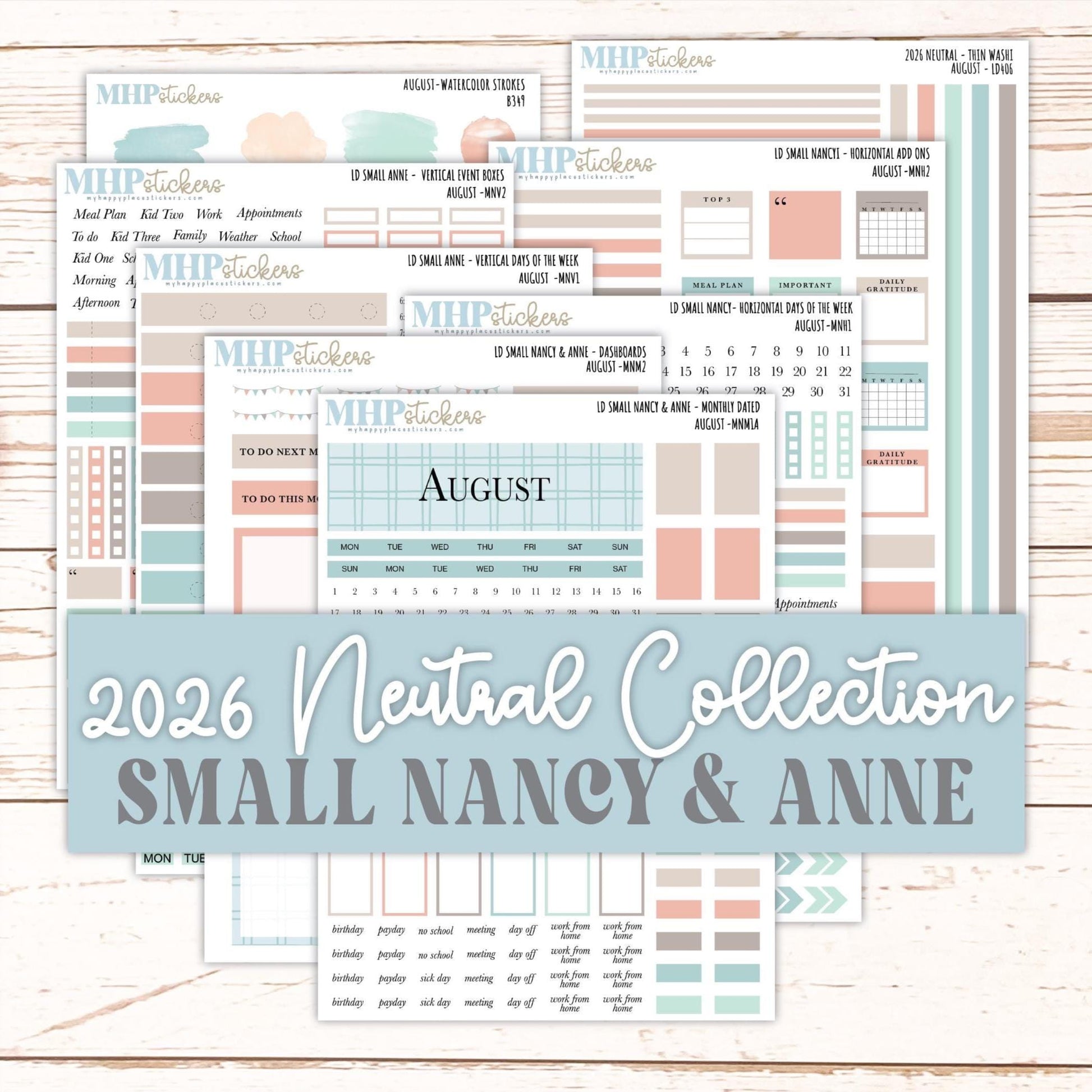 AUGUST 2026 Neutral Collection Stickers for Small Nancy & Anne. Laurel Denise Planners || MN