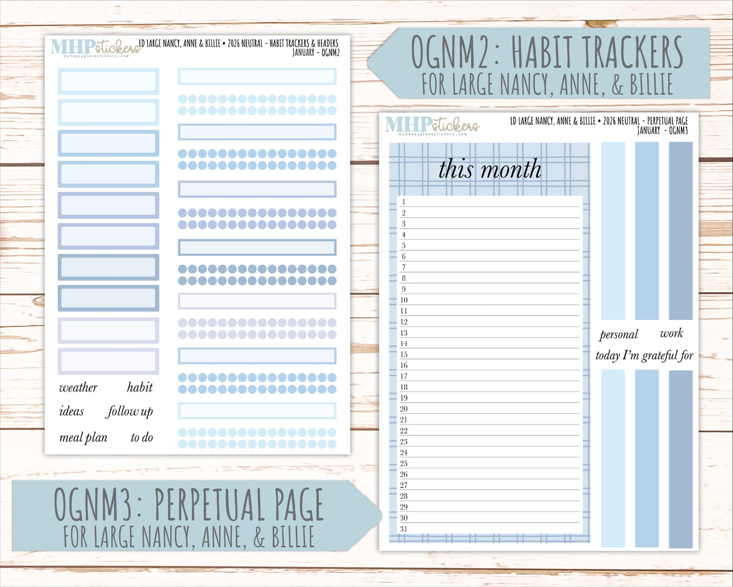 JANUARY 2026 Neutral Collection Stickers for the Large Nancy, Anne, & Billie Laurel Denise Planners || OGN