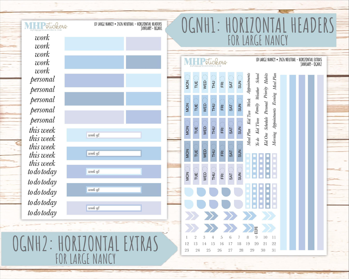 JANUARY 2026 Neutral Collection Stickers for the Large Nancy, Anne, & Billie Laurel Denise Planners || OGN