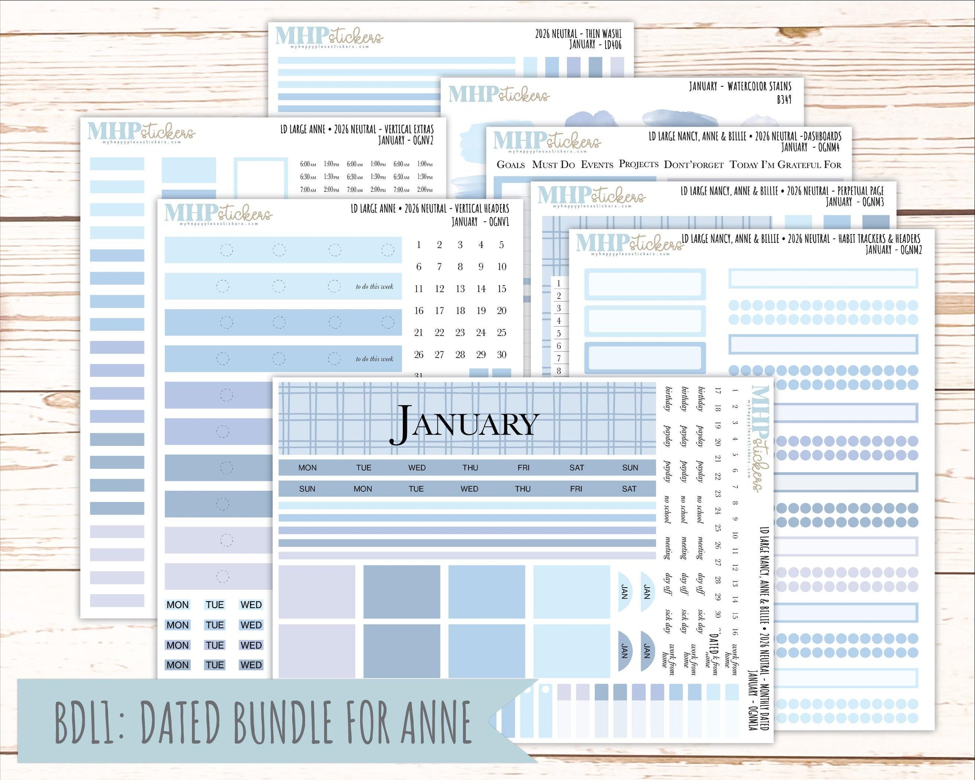 JANUARY 2026 Neutral Collection Stickers for the Large Nancy, Anne, & Billie Laurel Denise Planners || OGN