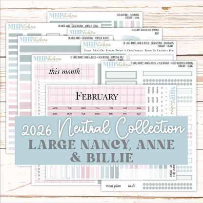 FEBRUARY 2026 Neutral Collection Stickers for the Large Nancy, Anne, & Billie Laurel Denise Planners || OGN