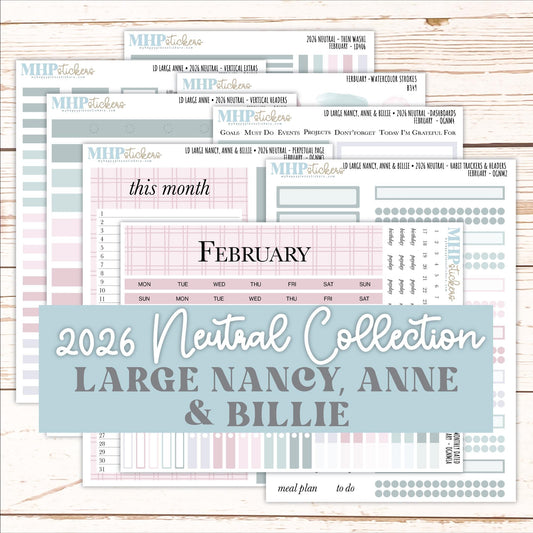 FEBRUARY 2026 Neutral Collection Stickers for the Large Nancy, Anne, & Billie Laurel Denise Planners || OGN