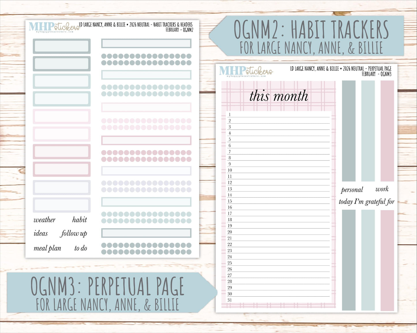 FEBRUARY 2026 Neutral Collection Stickers for the Large Nancy, Anne, & Billie Laurel Denise Planners || OGN