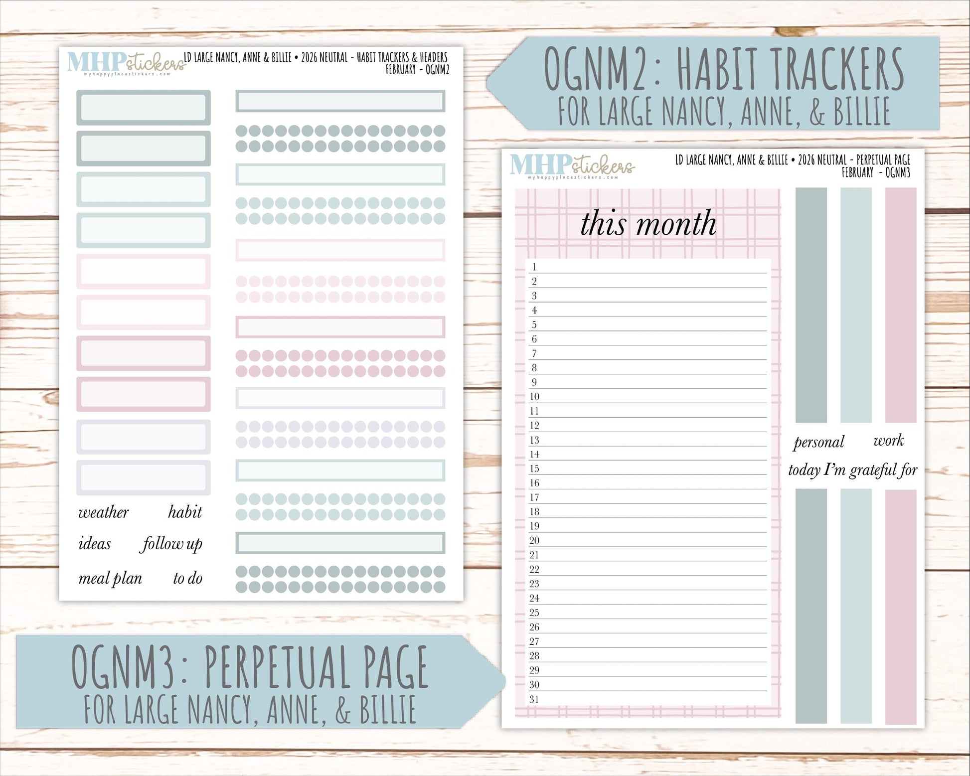FEBRUARY 2026 Neutral Collection Stickers for the Large Nancy, Anne, & Billie Laurel Denise Planners || OGN
