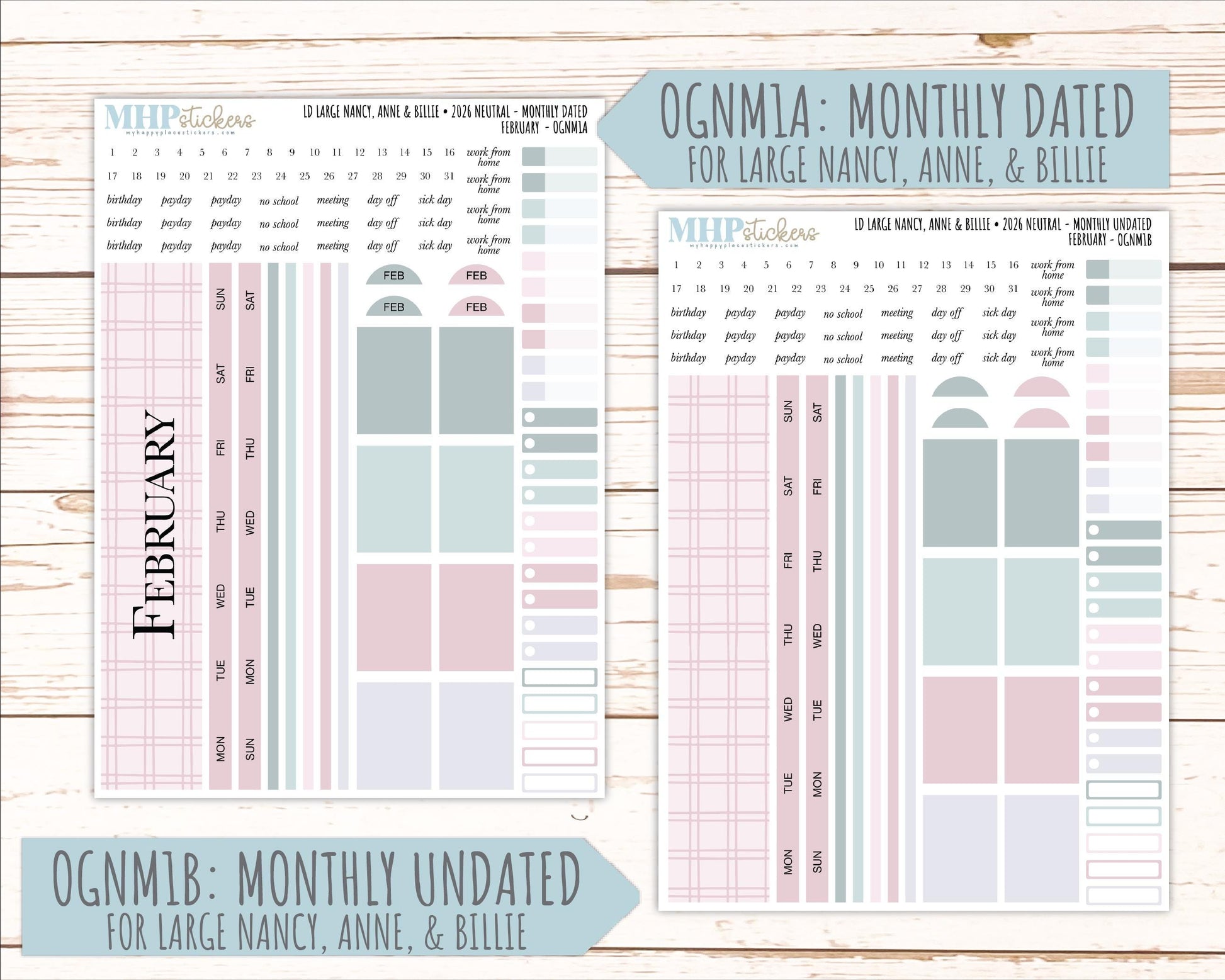 FEBRUARY 2026 Neutral Collection Stickers for the Large Nancy, Anne, & Billie Laurel Denise Planners || OGN