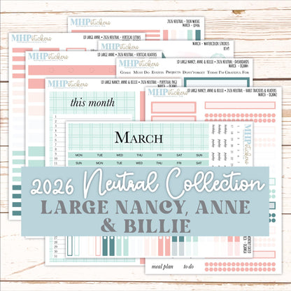 MARCH 2026 Neutral Collection Stickers for the Large Nancy, Anne, & Billie Laurel Denise Planners || OGN