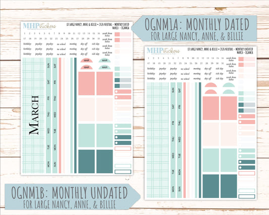 MARCH 2026 Neutral Collection Stickers for the Large Nancy, Anne, & Billie Laurel Denise Planners || OGN