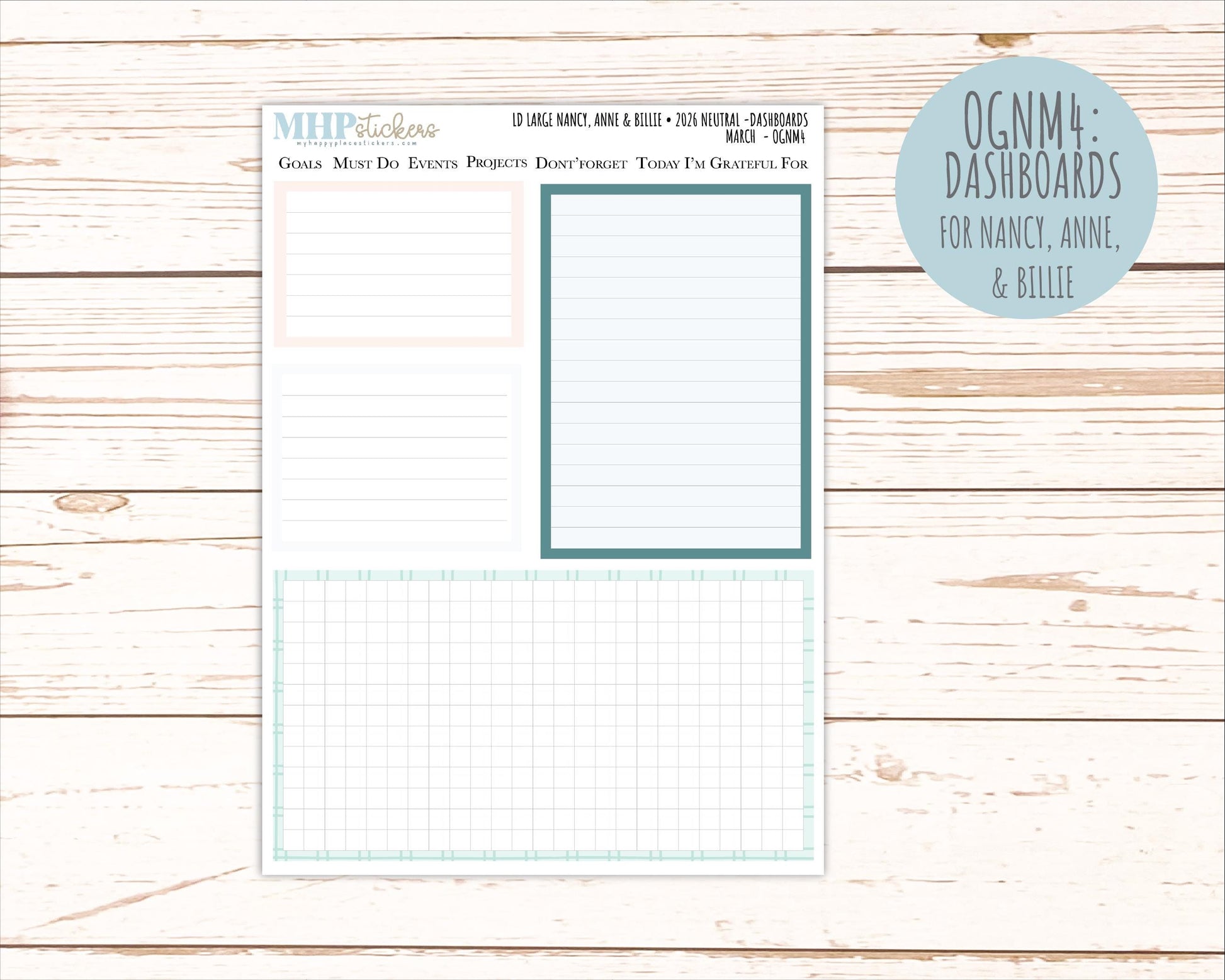 MARCH 2026 Neutral Collection Stickers for the Large Nancy, Anne, & Billie Laurel Denise Planners || OGN