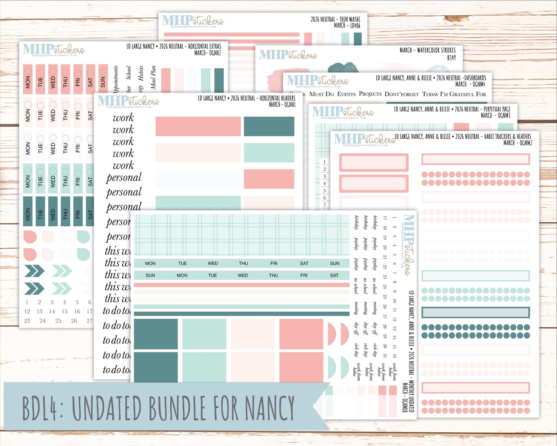 MARCH 2026 Neutral Collection Stickers for the Large Nancy, Anne, & Billie Laurel Denise Planners || OGN