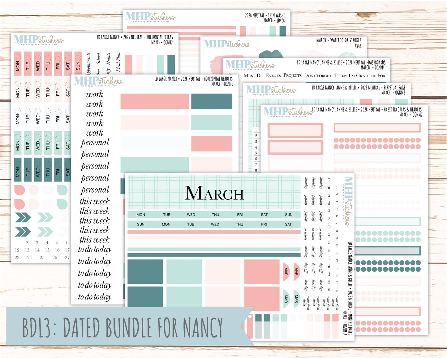 MARCH 2026 Neutral Collection Stickers for the Large Nancy, Anne, & Billie Laurel Denise Planners || OGN