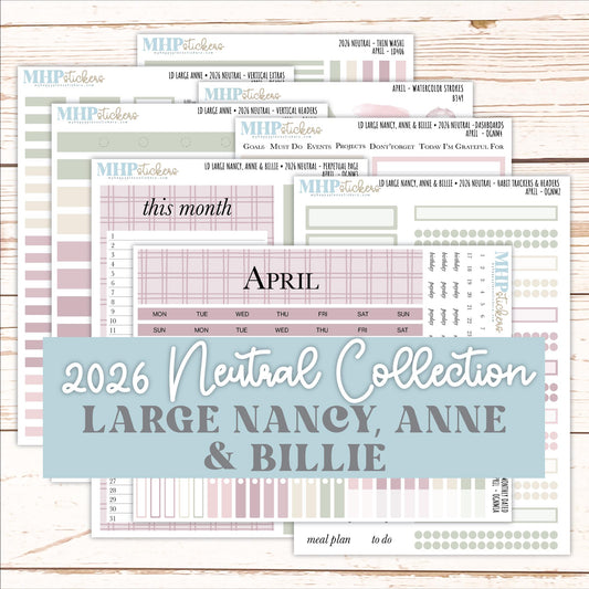 APRIL 2026 Neutral Collection Stickers for the Large Nancy, Anne, & Billie Laurel Denise Planners || OGN