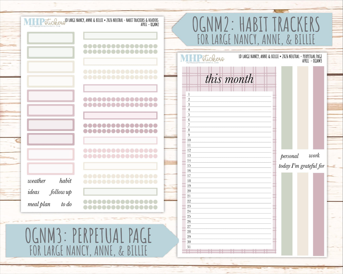 APRIL 2026 Neutral Collection Stickers for the Large Nancy, Anne, & Billie Laurel Denise Planners || OGN