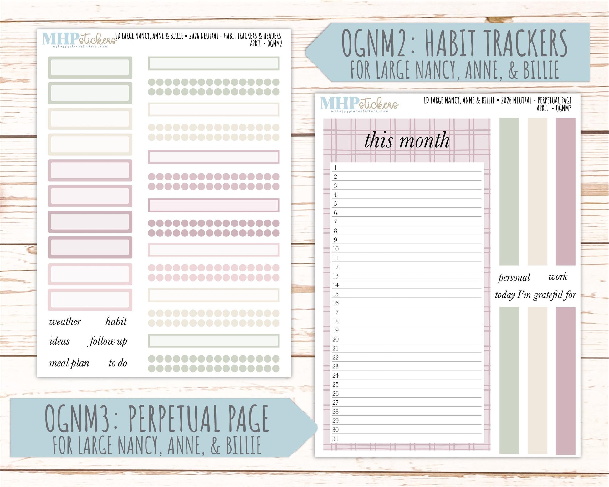 APRIL 2026 Neutral Collection Stickers for the Large Nancy, Anne, & Billie Laurel Denise Planners || OGN