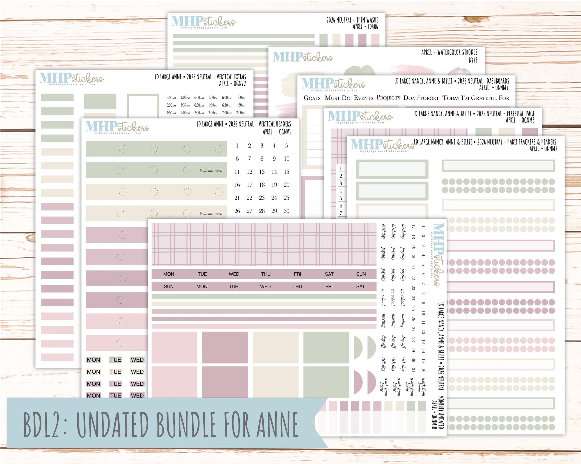 APRIL 2026 Neutral Collection Stickers for the Large Nancy, Anne, & Billie Laurel Denise Planners || OGN