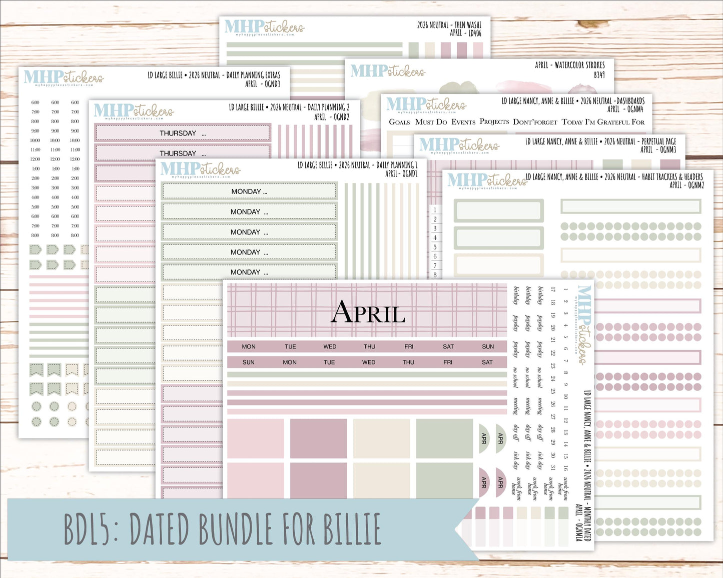 APRIL 2026 Neutral Collection Stickers for the Large Nancy, Anne, & Billie Laurel Denise Planners || OGN