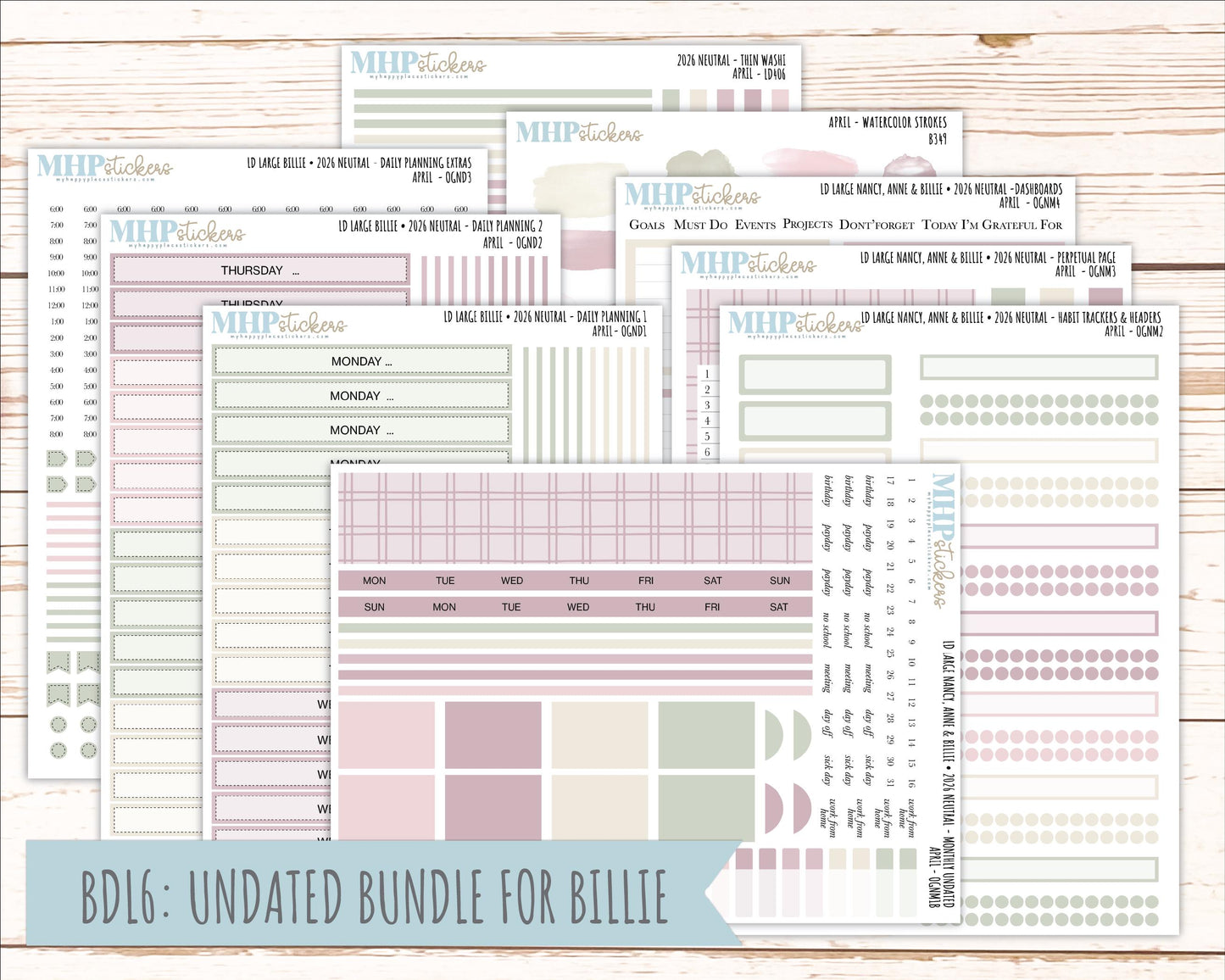 APRIL 2026 Neutral Collection Stickers for the Large Nancy, Anne, & Billie Laurel Denise Planners || OGN