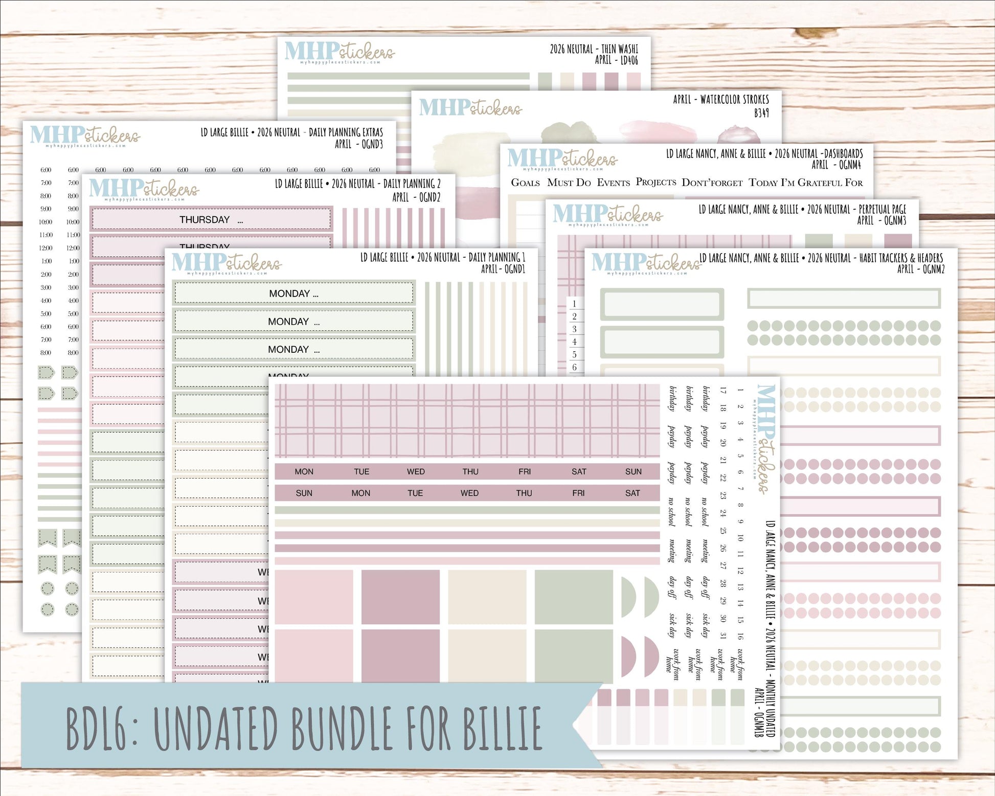 APRIL 2026 Neutral Collection Stickers for the Large Nancy, Anne, & Billie Laurel Denise Planners || OGN