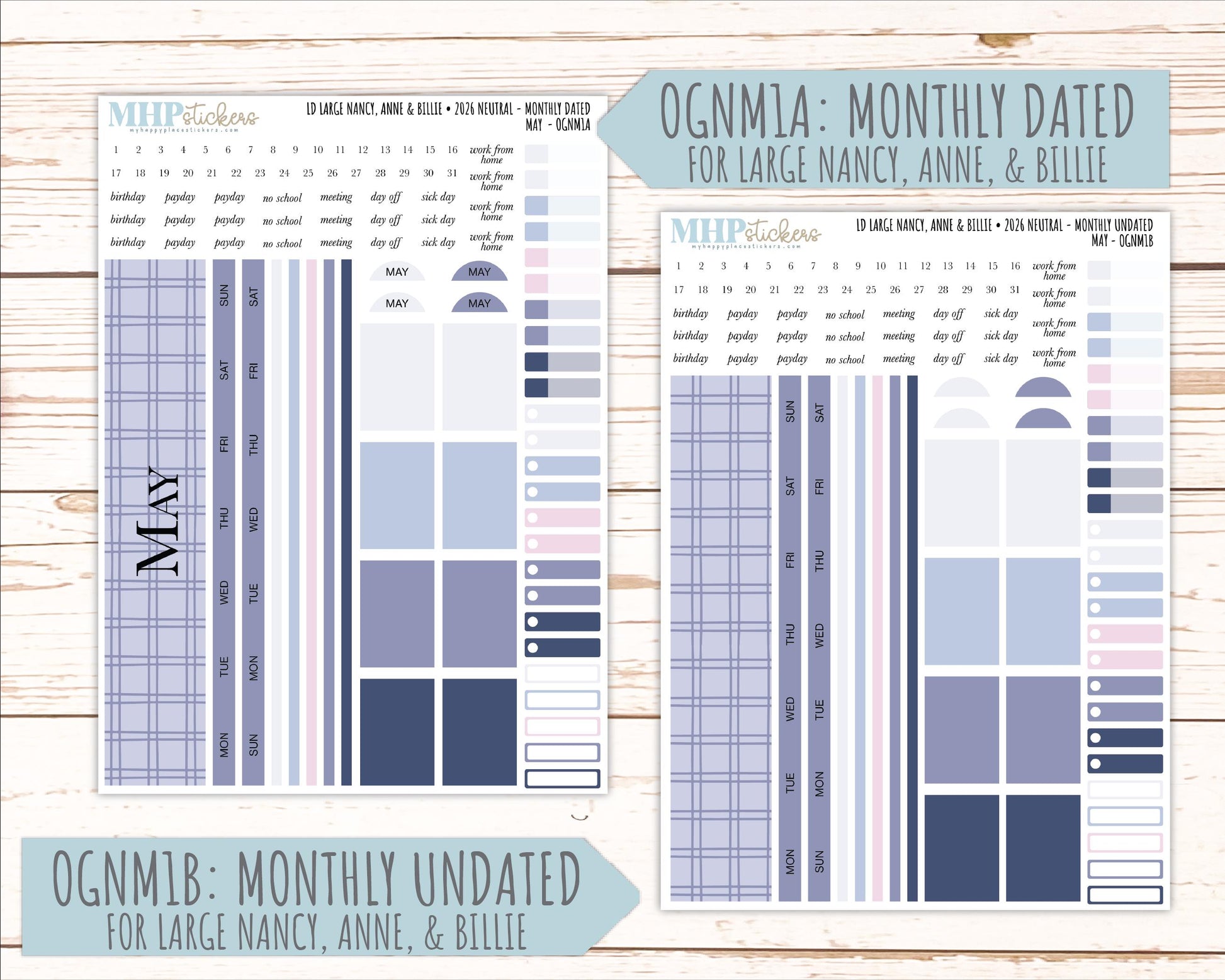 MAY 2026 Neutral Collection Stickers for the Large Nancy, Anne, & Billie Laurel Denise Planners || OGN