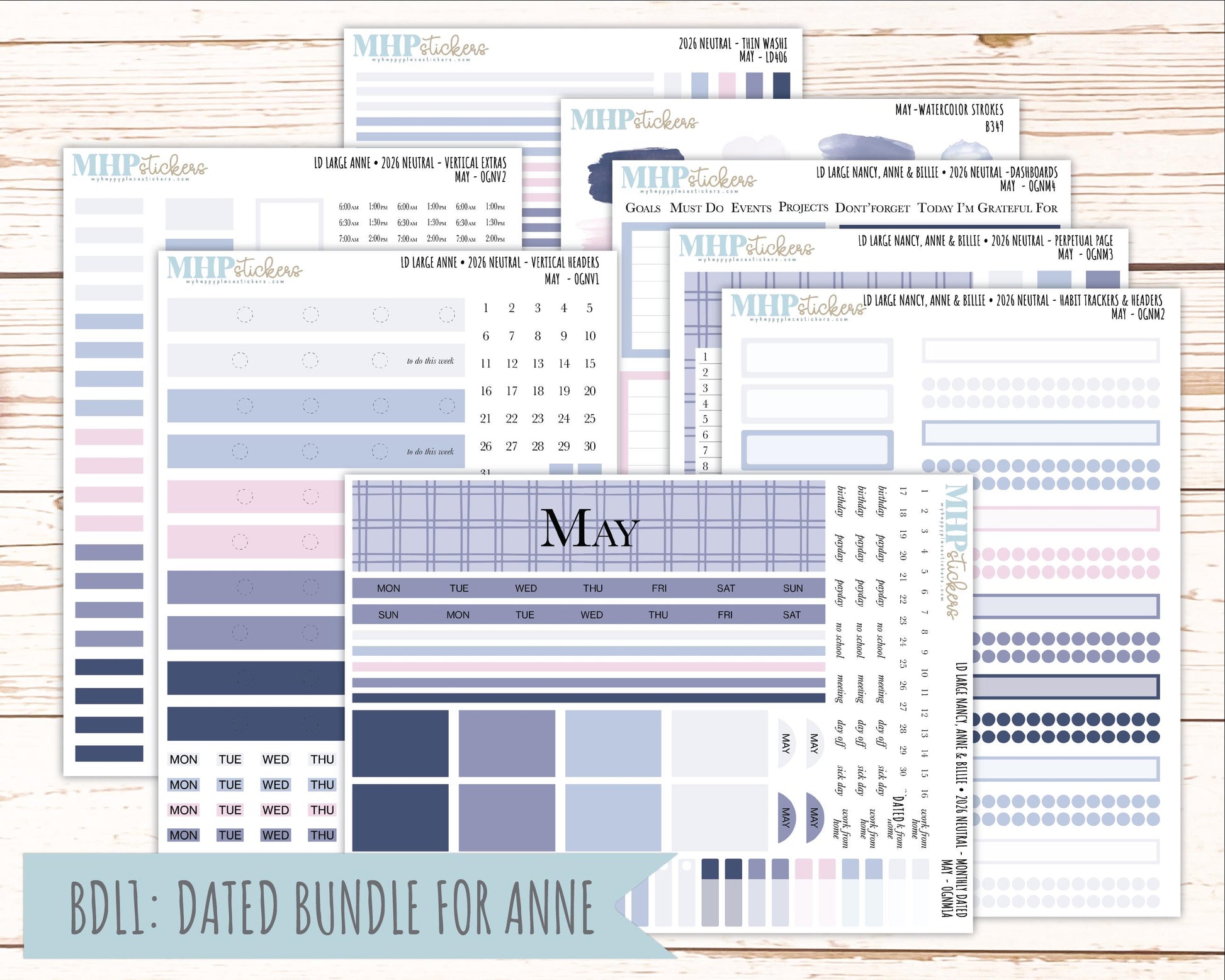 MAY 2026 Neutral Collection Stickers for the Large Nancy, Anne, & Billie Laurel Denise Planners || OGN