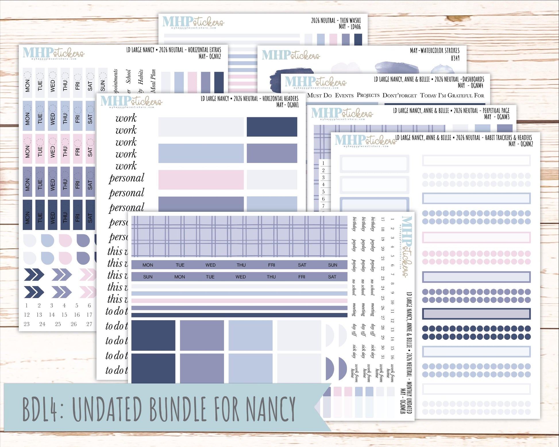 MAY 2026 Neutral Collection Stickers for the Large Nancy, Anne, & Billie Laurel Denise Planners || OGN
