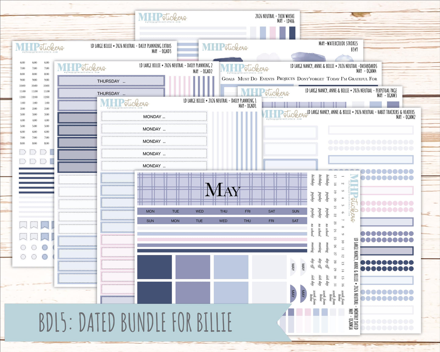 MAY 2026 Neutral Collection Stickers for the Large Nancy, Anne, & Billie Laurel Denise Planners || OGN