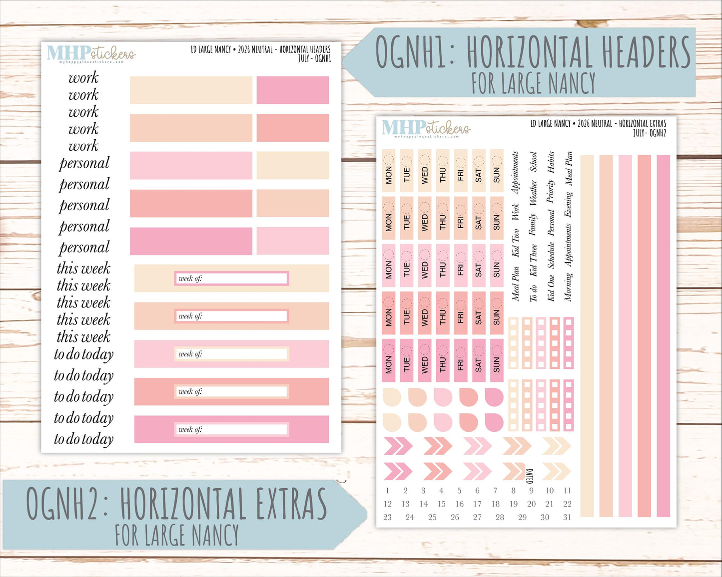 JULY 2026 Neutral Collection Stickers for the Large Nancy, Anne, & Billie Laurel Denise Planners || OGN