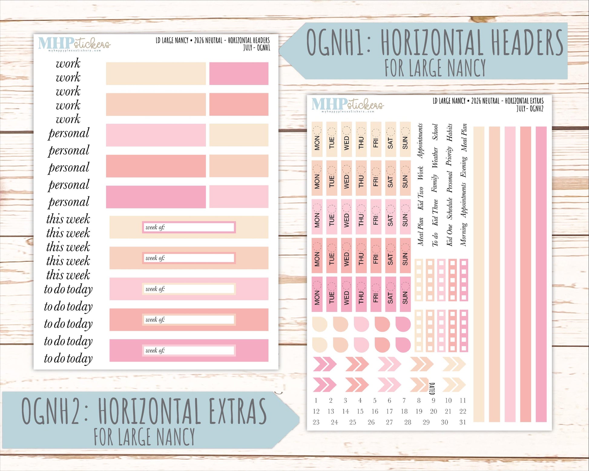 JULY 2026 Neutral Collection Stickers for the Large Nancy, Anne, & Billie Laurel Denise Planners || OGN