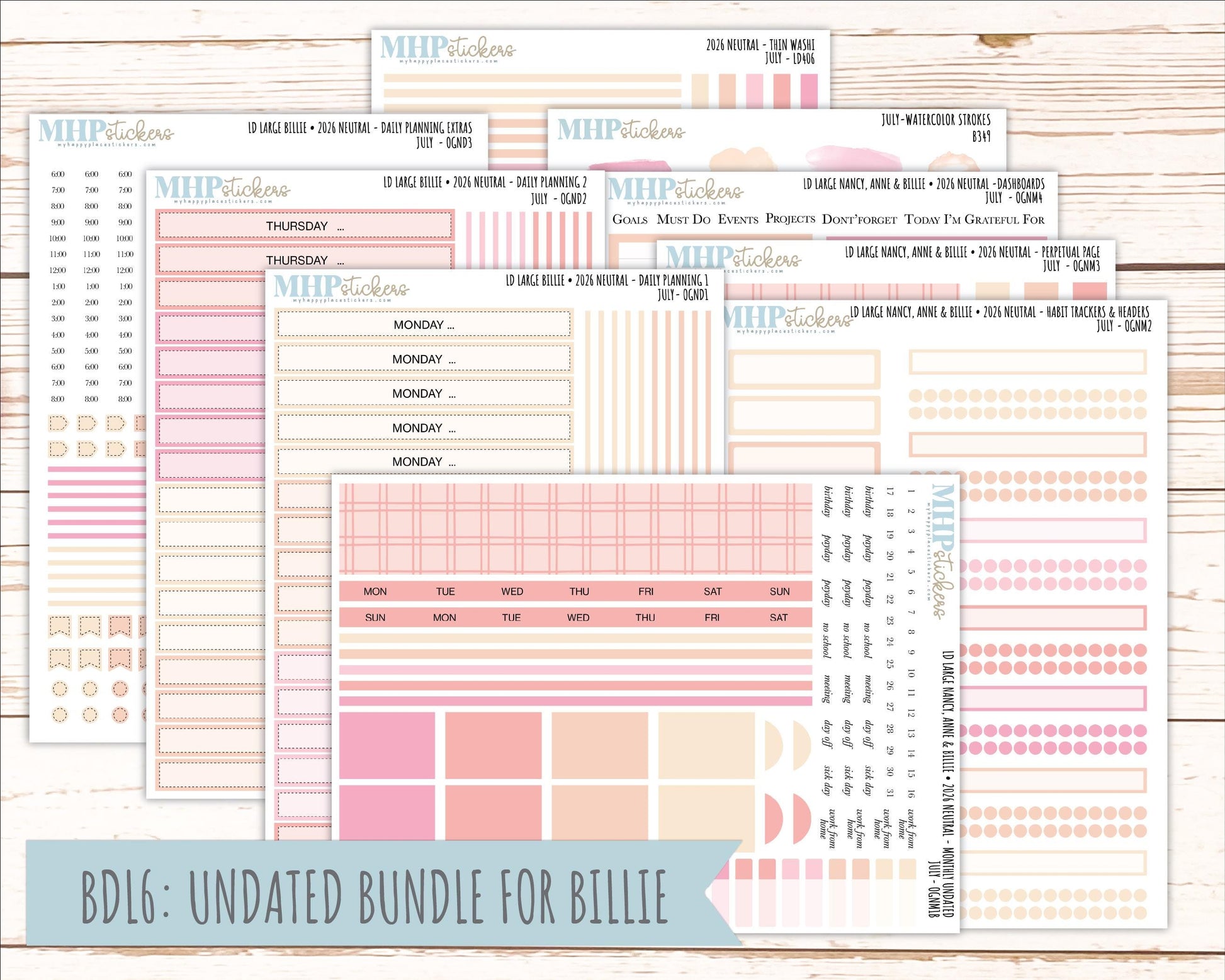 JULY 2026 Neutral Collection Stickers for the Large Nancy, Anne, & Billie Laurel Denise Planners || OGN