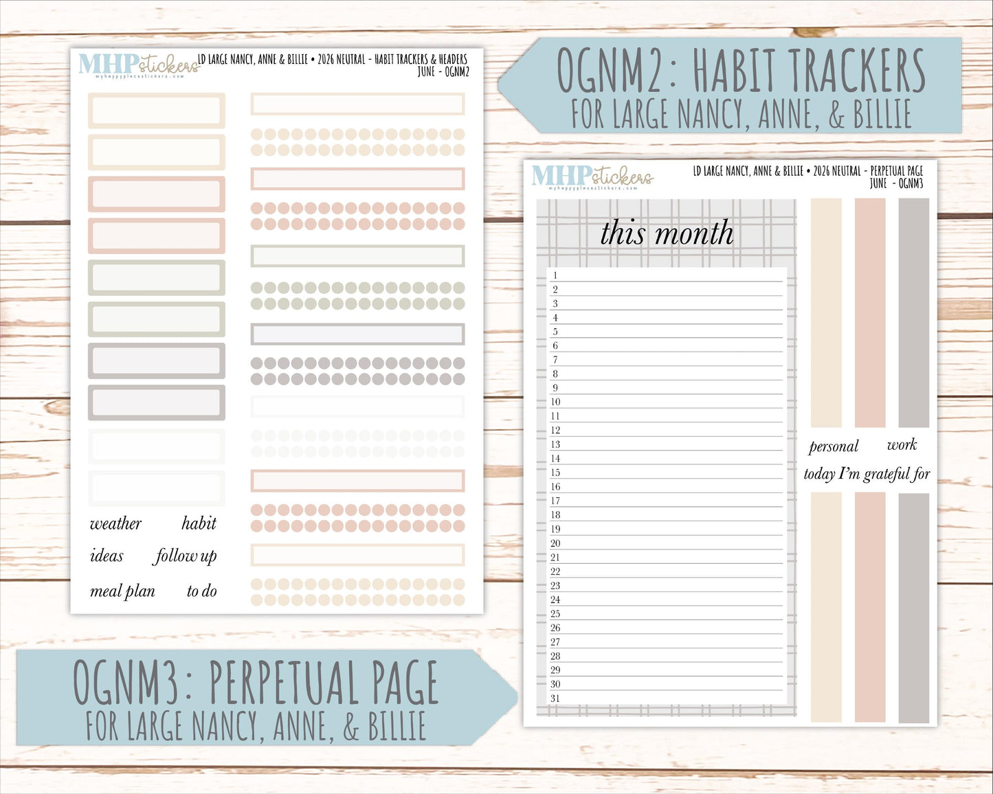 JUNE 2026 Neutral Collection Stickers for the Large Nancy, Anne, & Billie Laurel Denise Planners || OGN