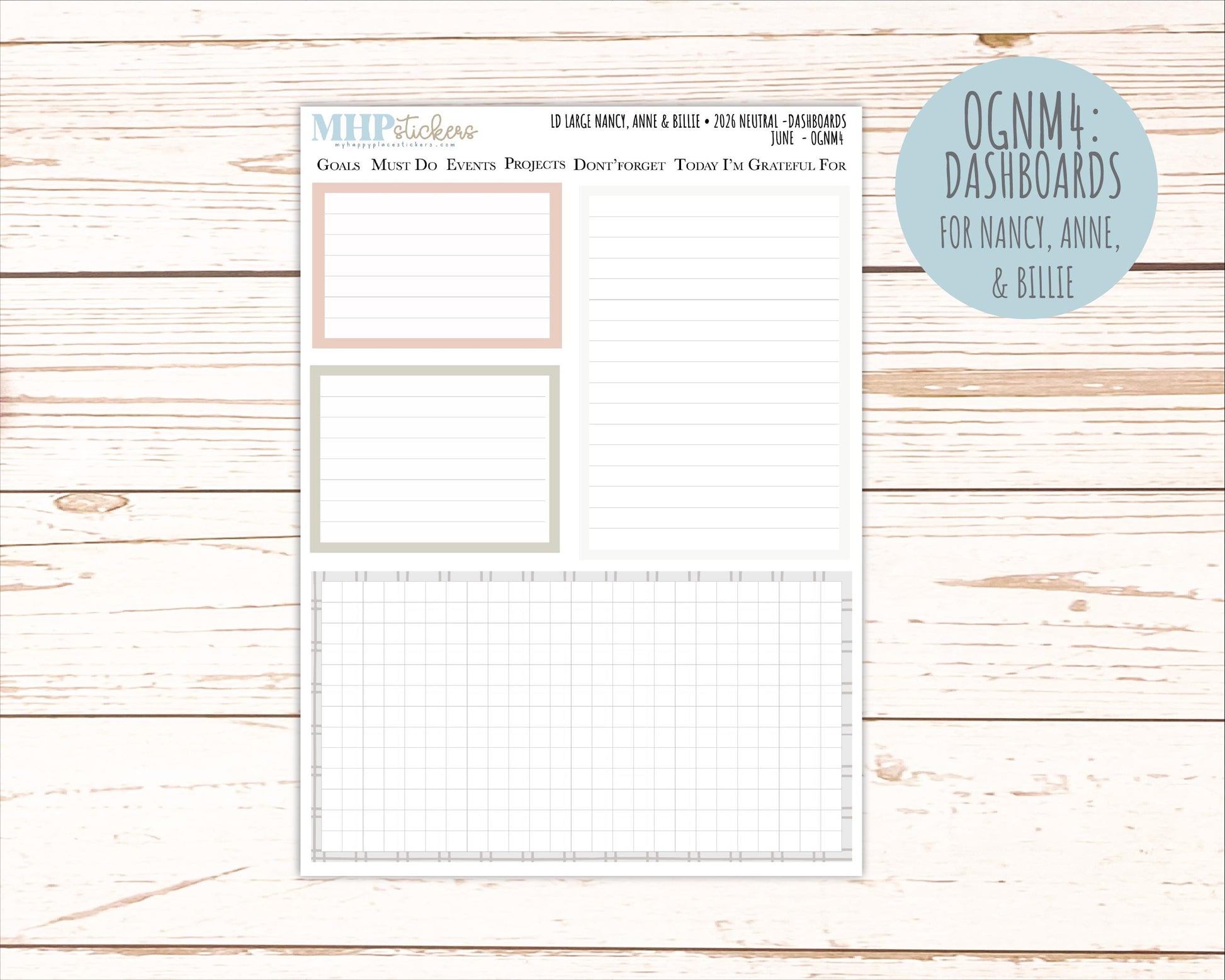 JUNE 2026 Neutral Collection Stickers for the Large Nancy, Anne, & Billie Laurel Denise Planners || OGN