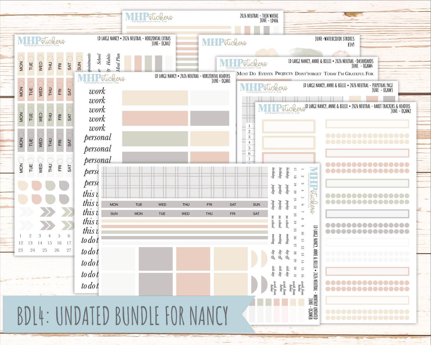 JUNE 2026 Neutral Collection Stickers for the Large Nancy, Anne, & Billie Laurel Denise Planners || OGN
