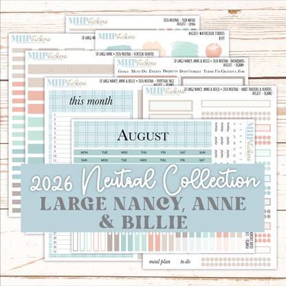 AUGUST 2026 Neutral Collection Stickers for the Large Nancy, Anne, & Billie Laurel Denise Planners || OGN