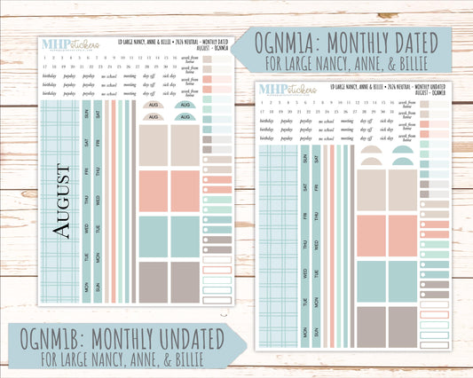 AUGUST 2026 Neutral Collection Stickers for the Large Nancy, Anne, & Billie Laurel Denise Planners || OGN