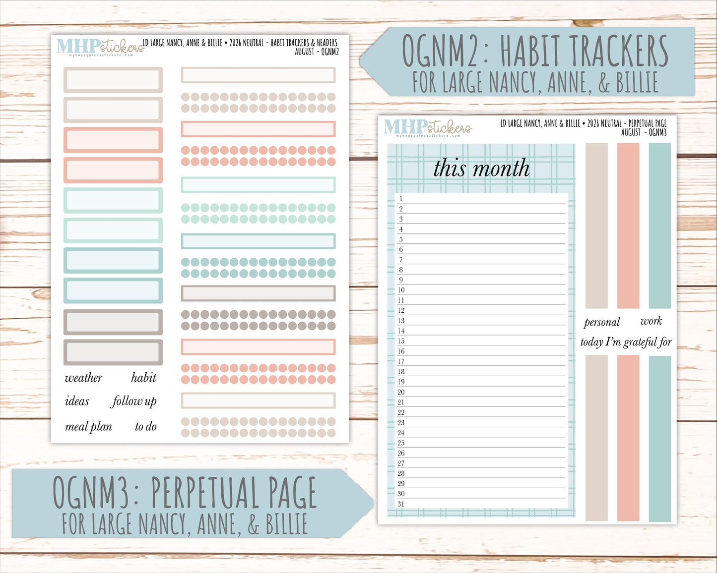 AUGUST 2026 Neutral Collection Stickers for the Large Nancy, Anne, & Billie Laurel Denise Planners || OGN