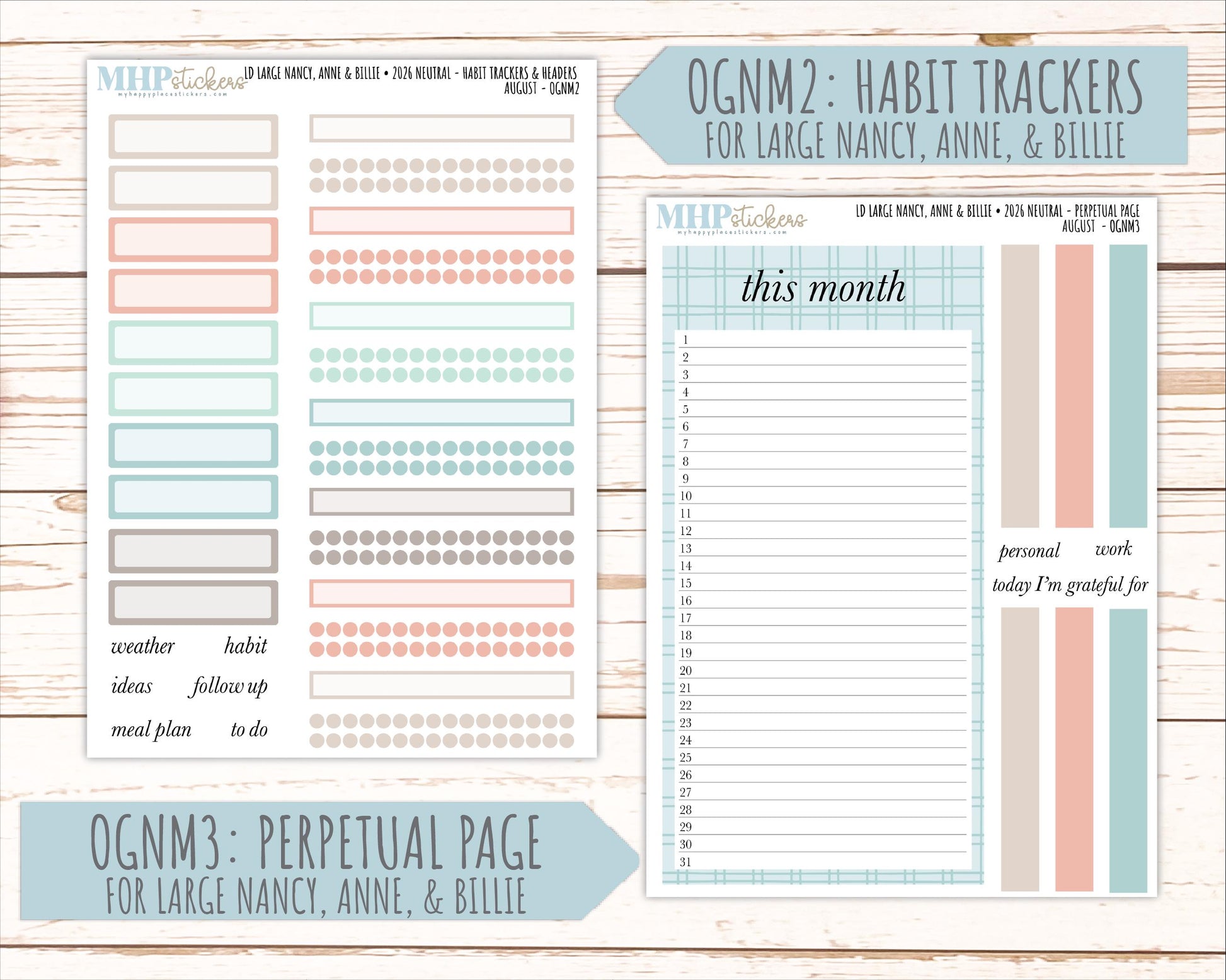 AUGUST 2026 Neutral Collection Stickers for the Large Nancy, Anne, & Billie Laurel Denise Planners || OGN