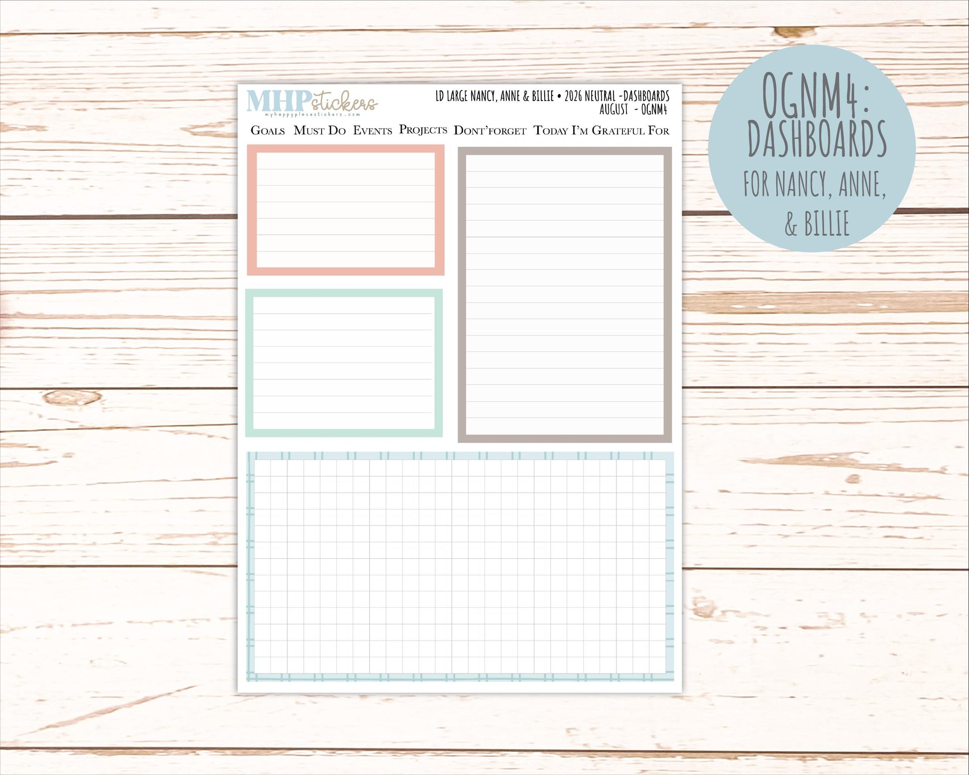 AUGUST 2026 Neutral Collection Stickers for the Large Nancy, Anne, & Billie Laurel Denise Planners || OGN