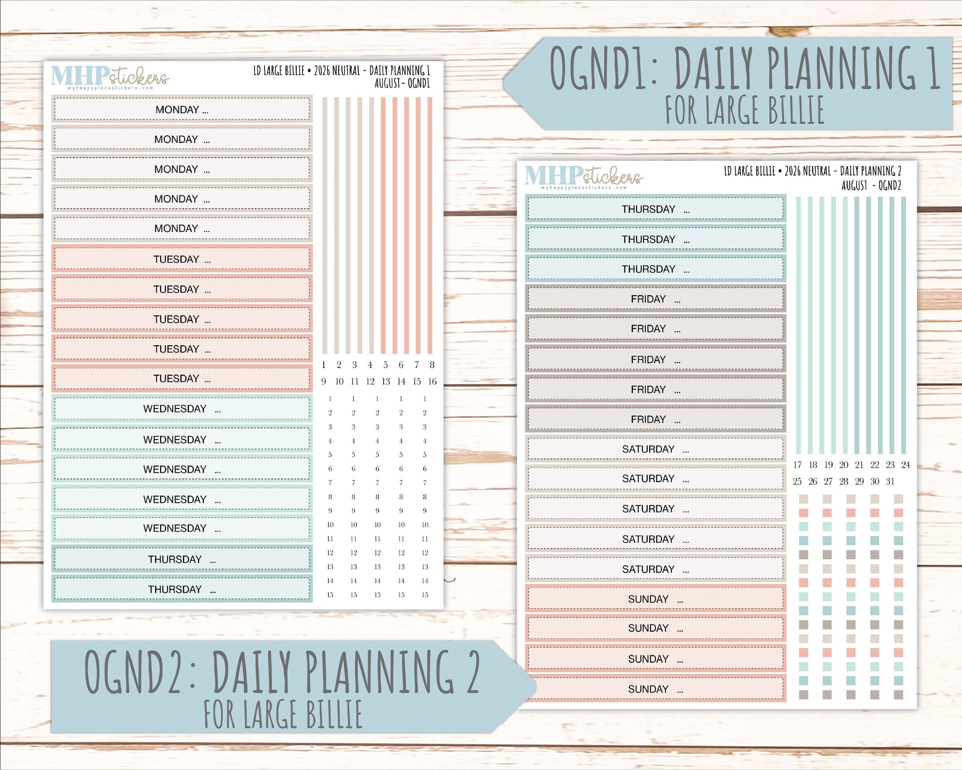AUGUST 2026 Neutral Collection Stickers for the Large Nancy, Anne, & Billie Laurel Denise Planners || OGN
