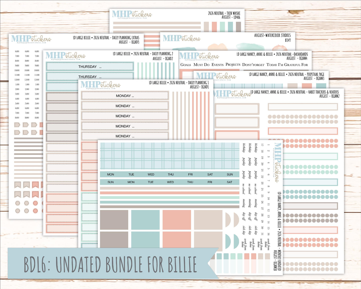 AUGUST 2026 Neutral Collection Stickers for the Large Nancy, Anne, & Billie Laurel Denise Planners || OGN