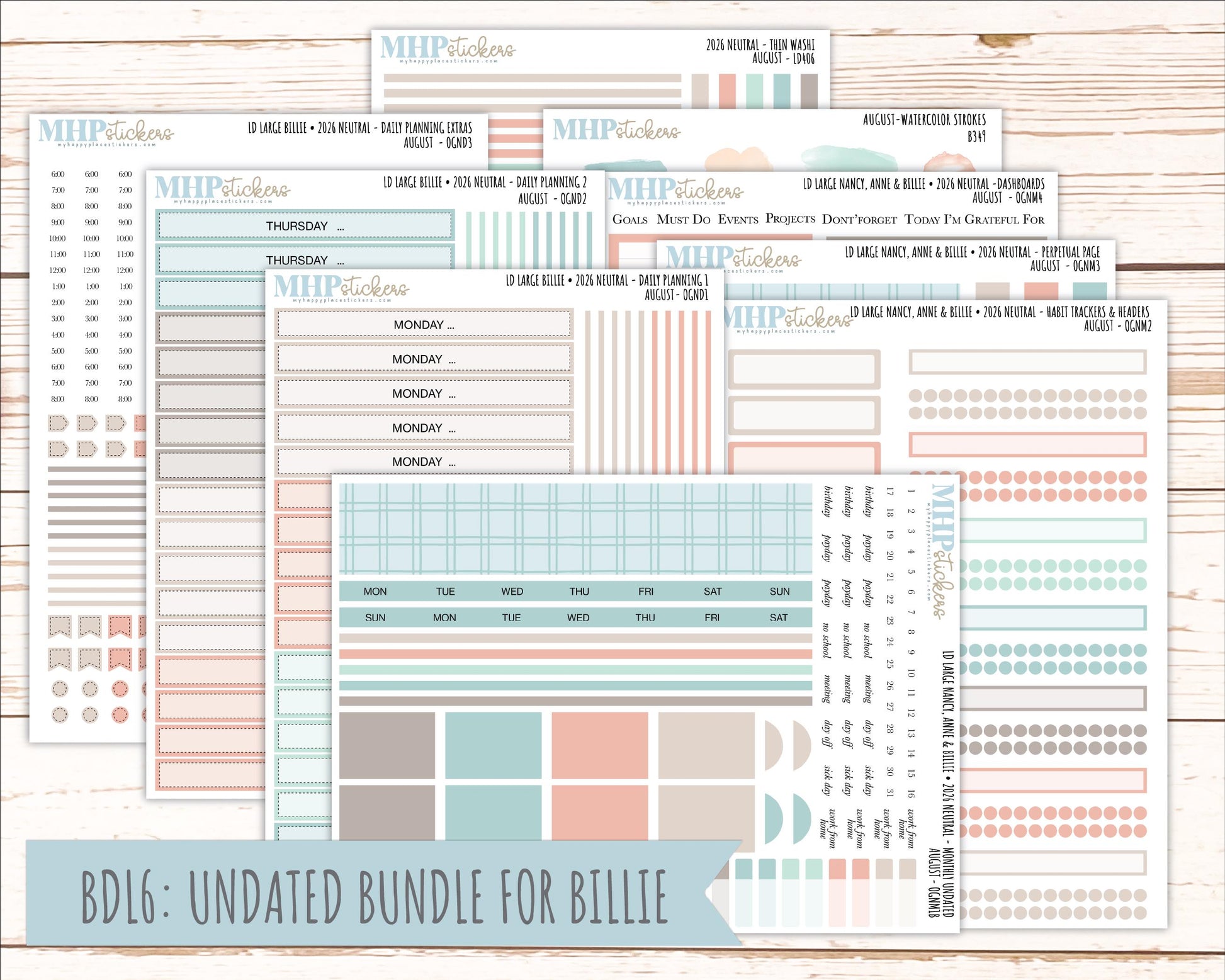 AUGUST 2026 Neutral Collection Stickers for the Large Nancy, Anne, & Billie Laurel Denise Planners || OGN