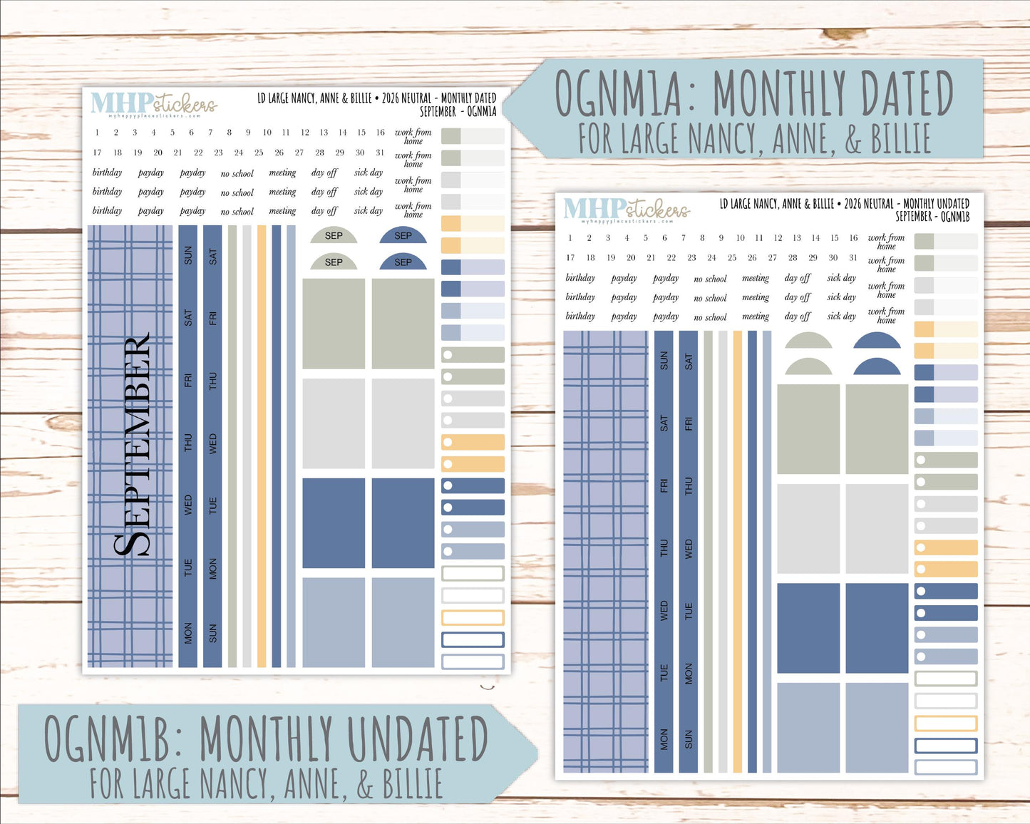 SEPTEMBER 2026 Neutral Collection Stickers for the Large Nancy, Anne, & Billie Laurel Denise Planners || OGN