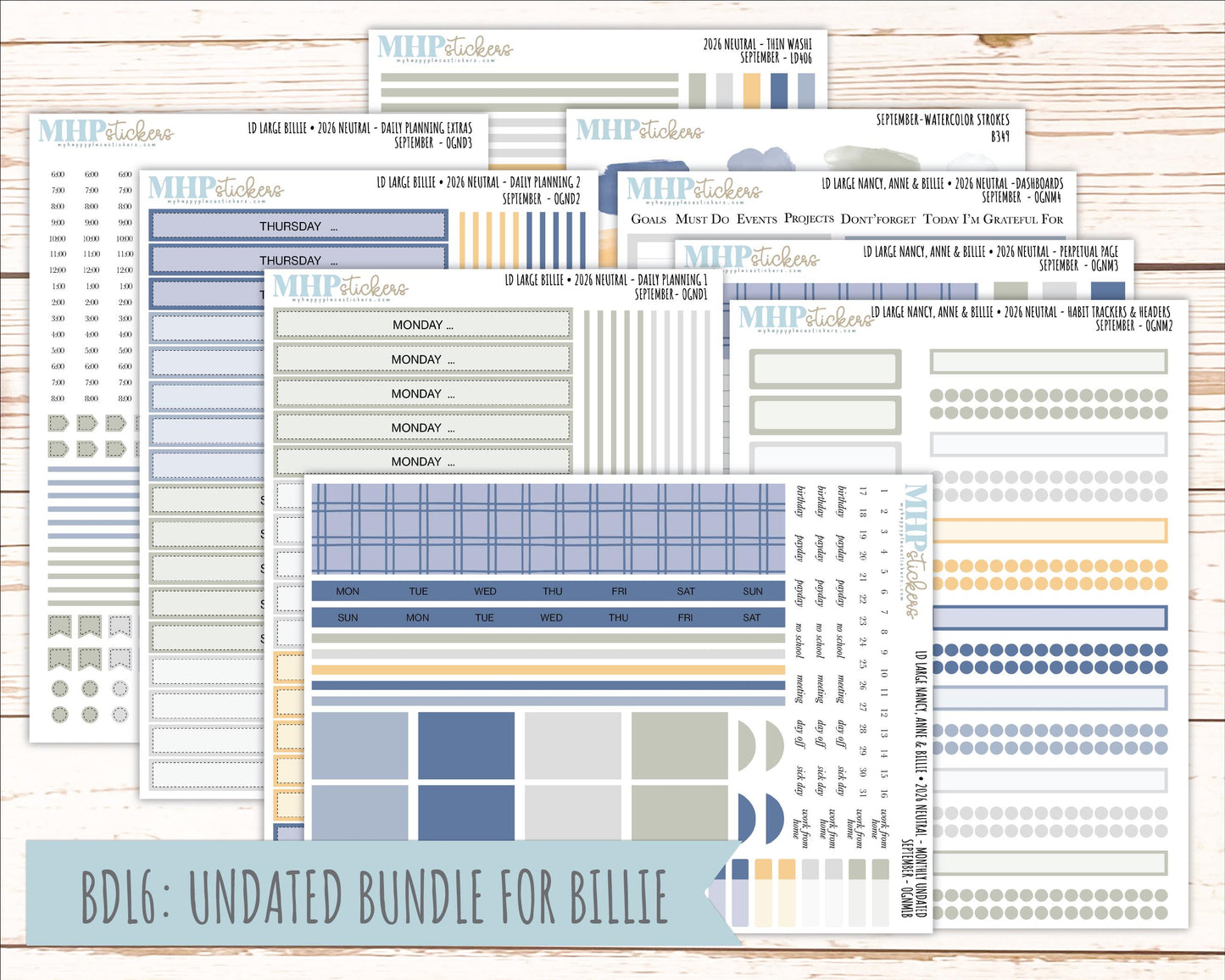 SEPTEMBER 2026 Neutral Collection Stickers for the Large Nancy, Anne, & Billie Laurel Denise Planners || OGN