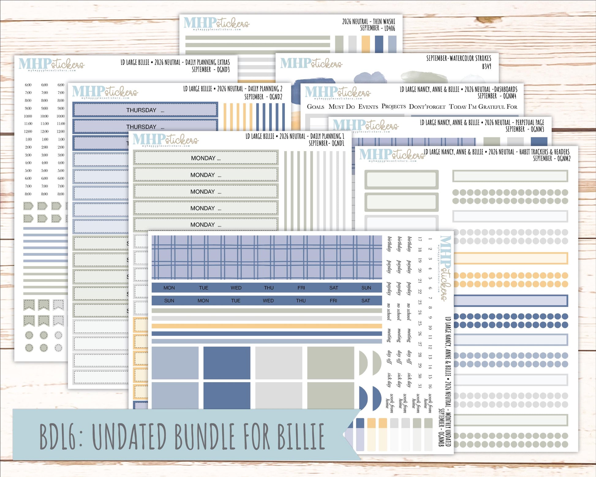 SEPTEMBER 2026 Neutral Collection Stickers for the Large Nancy, Anne, & Billie Laurel Denise Planners || OGN