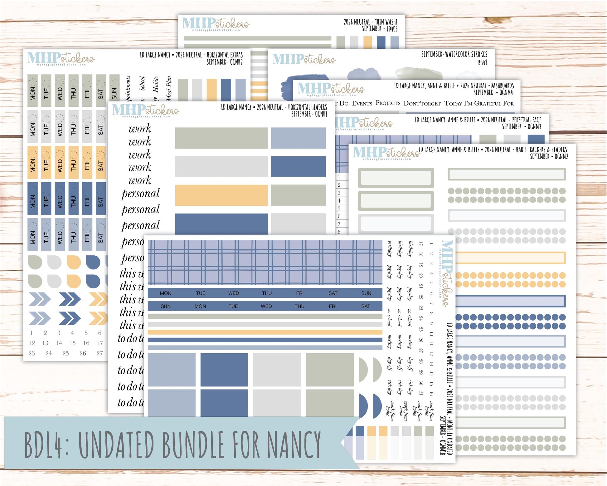 SEPTEMBER 2026 Neutral Collection Stickers for the Large Nancy, Anne, & Billie Laurel Denise Planners || OGN