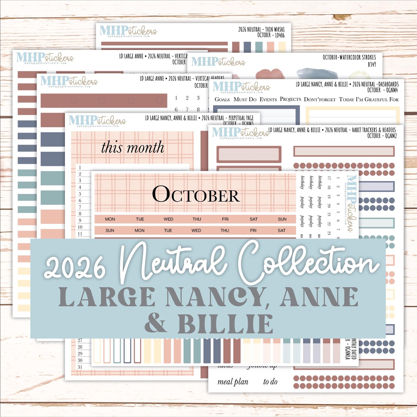 OCTOBER 2026 Neutral Collection Stickers for the Large Nancy, Anne, & Billie Laurel Denise Planners || OGN