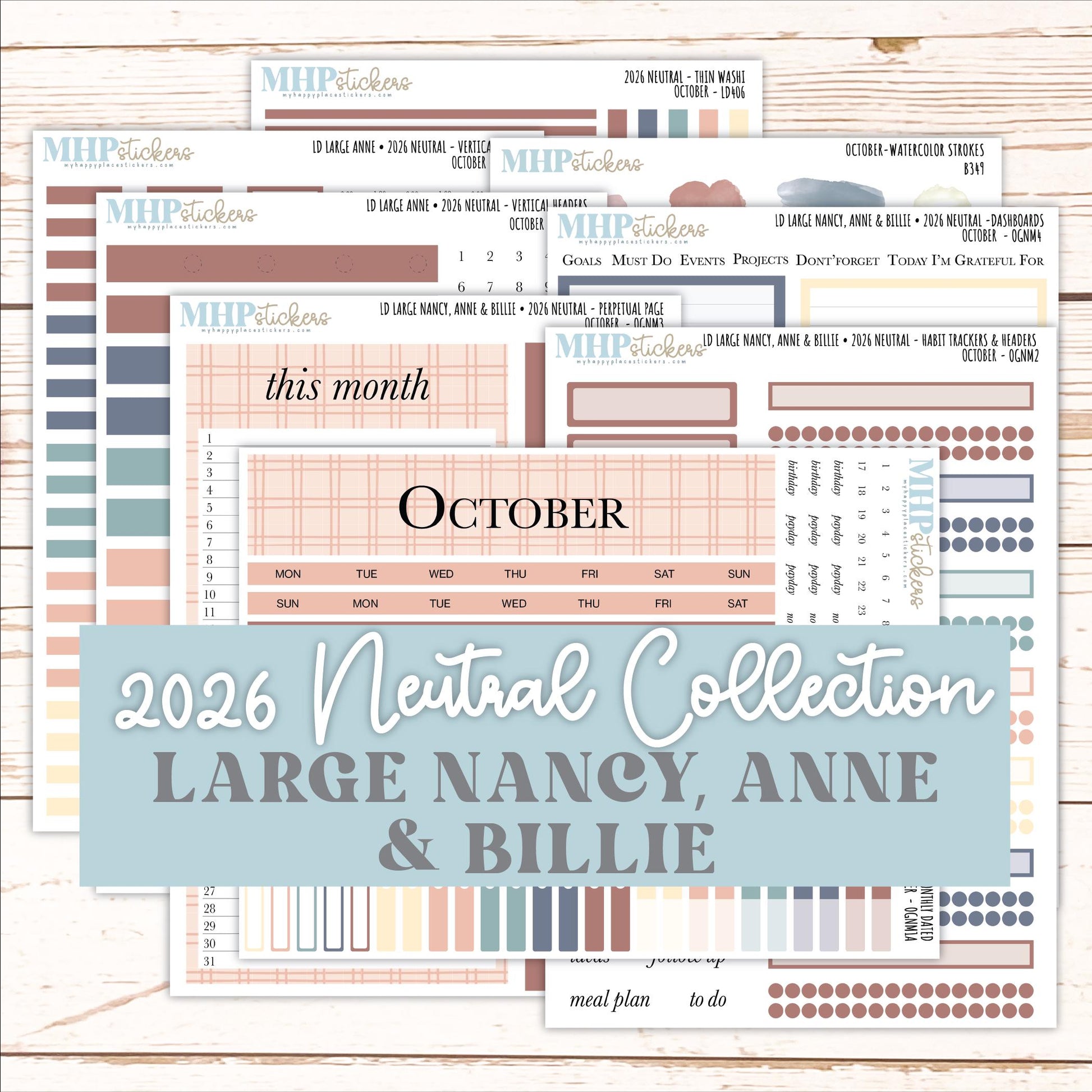 OCTOBER 2026 Neutral Collection Stickers for the Large Nancy, Anne, & Billie Laurel Denise Planners || OGN